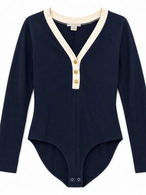 VTG The Limited 90s Henley Bodysuit Navy Blue Nautical Preppy Gold Buttons